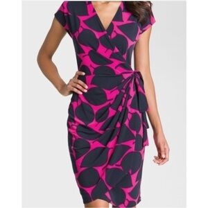 Maggy London Pink and Black Leaf Print Midi Dress